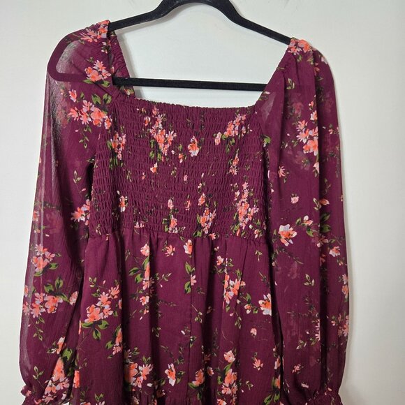 Maurices Size M Floral Arbor Smocked Berry Wine Long Puff Sleeve Dress Knee Leng - Picture 11 of 12